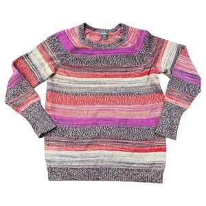Multicolored Eddie Bauer striped sweater in pink, purple, and grey hues.